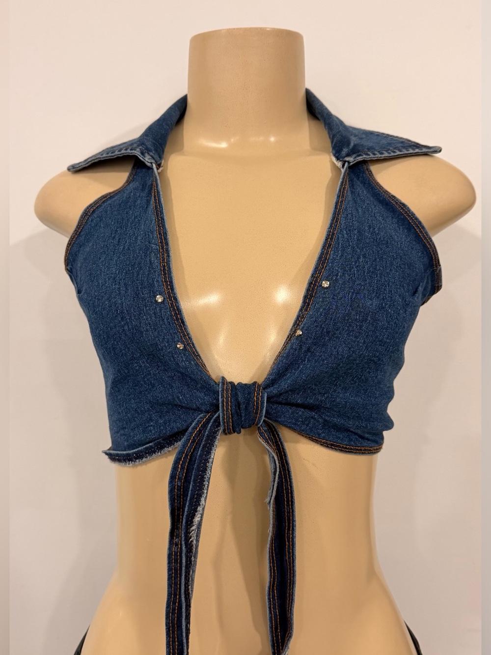 Dark Blue Denim Tie-Front Crop Top with Collar